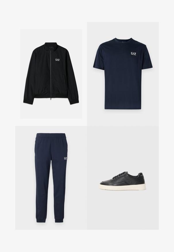 Chaqueta bomber negra con cuello alto, cremallera en la parte delantera, puños y dobladillo elásticos. Presenta el logo blanco de EA7 en el lado izquierdo del pecho y dos bolsillos laterales.; Camiseta de algodón azul marino con mangas cortas, cuello redondo y logo de EA7 en la parte superior izquierda en blanco. Textura suave, diseño casual.; Pantalones de chándal azul marino con cinturilla y puños elásticos. Presentan un pequeño logo blanco en la pierna izquierda. Fabricados con un material suave y elástico.; Zapatillas de cuero negro con acabado texturizado, puntera redonda y suela de goma blanca plana. Presenta cordones negros y una marca en el talón.