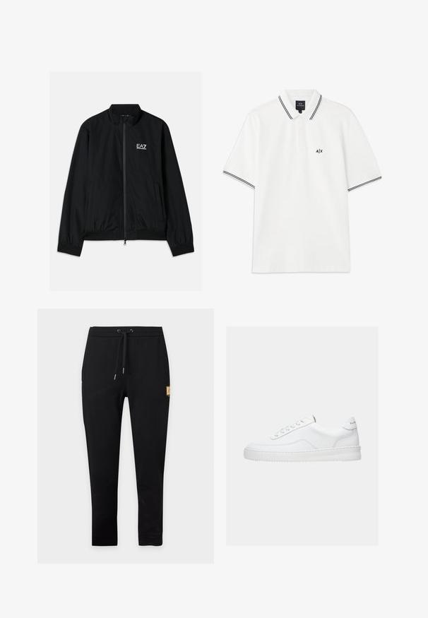Μαύρο bomber jacket με ψηλό γιακά, φερμουάρ μπροστά, ελαστικούς καρπούς και στρίφωμα. Διαθέτει λευκό λογότυπο EA7 στο αριστερό στήθος και δύο πλαϊνές τσέπες.; Λευκό polo μπλουζάκι με κολάρο, κοντά μανίκια, μαύρη επένδυση στον κό collar και στα μανίκια, καθώς και ένα μικρό μαύρο λογότυπο στο αριστερό στήθος.; Μαύρο στενό παντελόνι jogging με κορδόνι στη μέση και μικρό μπεζ ορθογώνιο έμπλαστρο στο πάνω αριστερό μηρό.; Λευκό sneaker χαμηλού τόνου με σχέδιο δέσιμο κορδονιών, λείο δερμάτινο επάνω μέρος και παχύ πάτο, εμφανιζόμενο από πλευρική όψη σε απλό φόντο.