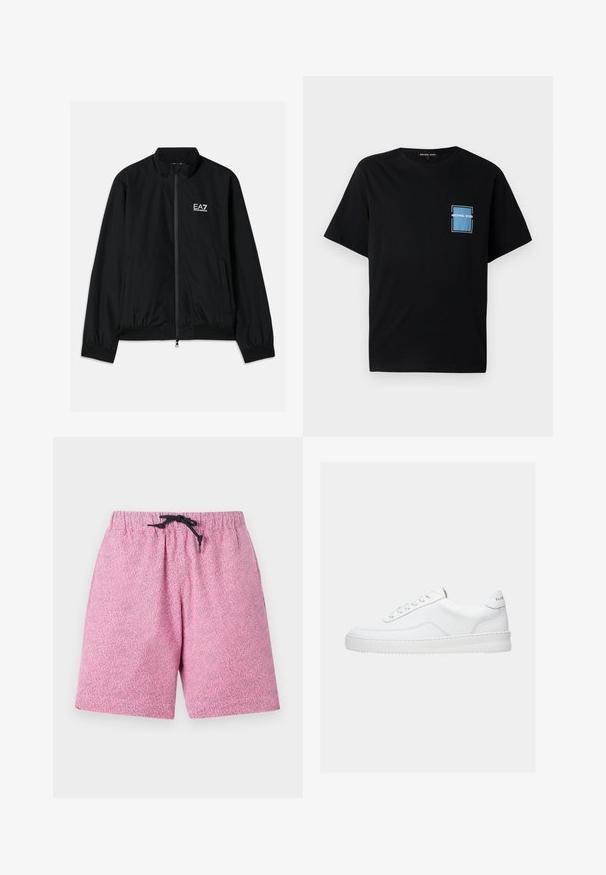 Veste bomber noire avec un col haut, fermeture éclair à l'avant, poignets et ourlet en élastique. Présente le logo EA7 blanc sur la poitrine gauche et deux poches latérales.; T-shirt en coton noir à manches courtes, avec un design de poche bleu sur la poitrine, bordé de blanc et portant un texte de logo.; Shorts de bain roses à motifs avec une taille élastique et un cordon noir. Le matériau semble léger avec une surface texturée.; Baskets basses blanches avec un design à lacets, dessus en cuir lisse et semelle épaisse, montrées de profil sur un fond uni.