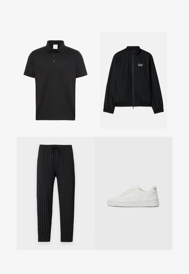 Veste bomber noire avec un col haut, fermeture éclair à l'avant, poignets et ourlet en élastique. Présente le logo EA7 blanc sur la poitrine gauche et deux poches latérales.; Polo noir à manches courtes avec col et trois boutons, arborant un discret logo Calvin Klein sur la poitrine.; Armani Exchange AX LOGO SWEAT PANTS - Pantalon de survêtement - black; Baskets en cuir blanc avec une finition lisse, bout arrondi, lacets plats et semelle texturée. Présente un logo discret sur le talon.