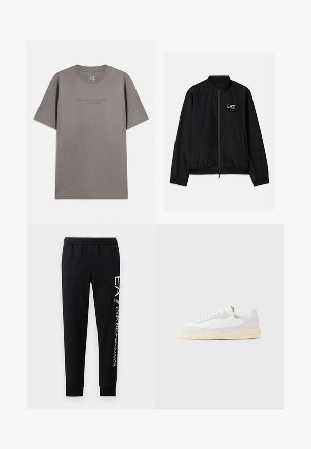 Veste bomber noire avec un col haut, fermeture éclair à l'avant, poignets et ourlet en élastique. Présente le logo EA7 blanc sur la poitrine gauche et deux poches latérales.; T-shirt en coton gris à manches courtes, col rond, avec un texte en relief "ARMANI EXCHANGE MILANO / NEW YORK" sur le devant.; Pantalons de survêtement noirs en mélange de coton, dotés d'une taille élastique, de jambes fuselées, de poignets côtelés et d'un imprimé logo blanc sur le côté.; Baskets blanches avec dessus en daim et cuir texturé. Caractérisées par un bout arrondi, une fermeture à lacets et une semelle en caoutchouc beige contrastante.