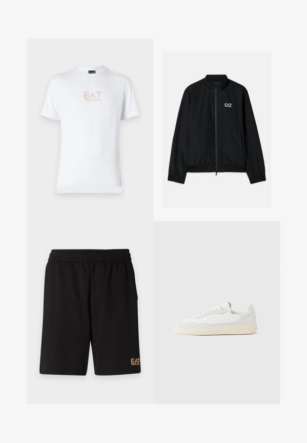 Chaqueta bomber negra con cuello alto, cremallera en la parte delantera, puños y dobladillo elásticos. Presenta el logo blanco de EA7 en el lado izquierdo del pecho y dos bolsillos laterales.; Camiseta blanca de algodón con escote redondo y mangas cortas, con un logo dorado de EA7 Emporio Armani impreso en el frente.; Pantalones cortos deportivos negros de tejido suave, con una cintura elástica y un pequeño logo amarillo de EA7 en la parte inferior de la pierna izquierda.; Zapatilla blanca con parte superior texturizada de ante y cuero. Presenta una puntera redondeada, cierre con cordones y suela de goma beige contrastante.