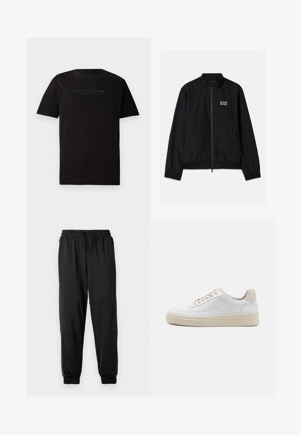 Veste bomber noire avec un col haut, fermeture éclair à l'avant, poignets et ourlet en élastique. Présente le logo EA7 blanc sur la poitrine gauche et deux poches latérales.; T-shirt en coton noir avec un col rond et des manches courtes. Sur le devant, on trouve un texte en relief "ARMANI EXCHANGE MILANO / NEW YORK".; Pantalons de sport noirs en tissu extensible, dotés d'une taille élastique, de poches zippées sur les côtés et de bas de pantalon à poignets avec des accents dorés contrastants.; Sneaker blanche avec un dessus en cuir lisse, des lacets beige et un onglet de talon en daim beige texturé. Semelle surélevée pour une hauteur supplémentaire.