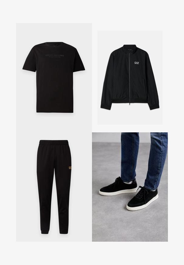 Veste bomber noire avec un col haut, fermeture éclair à l'avant, poignets et ourlet en élastique. Présente le logo EA7 blanc sur la poitrine gauche et deux poches latérales.; T-shirt en coton noir avec un col rond et des manches courtes. Sur le devant, on trouve un texte en relief "ARMANI EXCHANGE MILANO / NEW YORK".; Pantalons de survêtement noirs avec une taille élastique, des poignets ajustés et un petit logo jaune sur la cuisse gauche. Texture de tissu douce et lisse.; Des baskets en suède noir avec une semelle en caoutchouc blanc, présentant un design classique à talon bas, un bout rond et des lacets plats noirs.