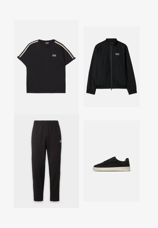 Μαύρο bomber jacket με ψηλό γιακά, φερμουάρ μπροστά, ελαστικούς καρπούς και στρίφωμα. Διαθέτει λευκό λογότυπο EA7 στο αριστερό στήθος και δύο πλαϊνές τσέπες.; Μαύρο βαμβακερό μπλουζάκι με κοντά μανίκια. Διαθέτει αντίθετες καφέ ρίγες στους ώμους και ένα μικρό λογότυπο στη θήκη.; Μαύρη ελαστική φόρμα με κωνικά μπατζάκια και μικρό λευκό λογότυπο στο άνω αριστερό μηρό.; Μαύρο σουέντ παπούτσι τύπου χαμηλό sneaker με μαύρα κορδόνια και λευκή λαστιχένια σόλα, πλευρική όψη σε απλό ανοιχτό γκρι φόντο.