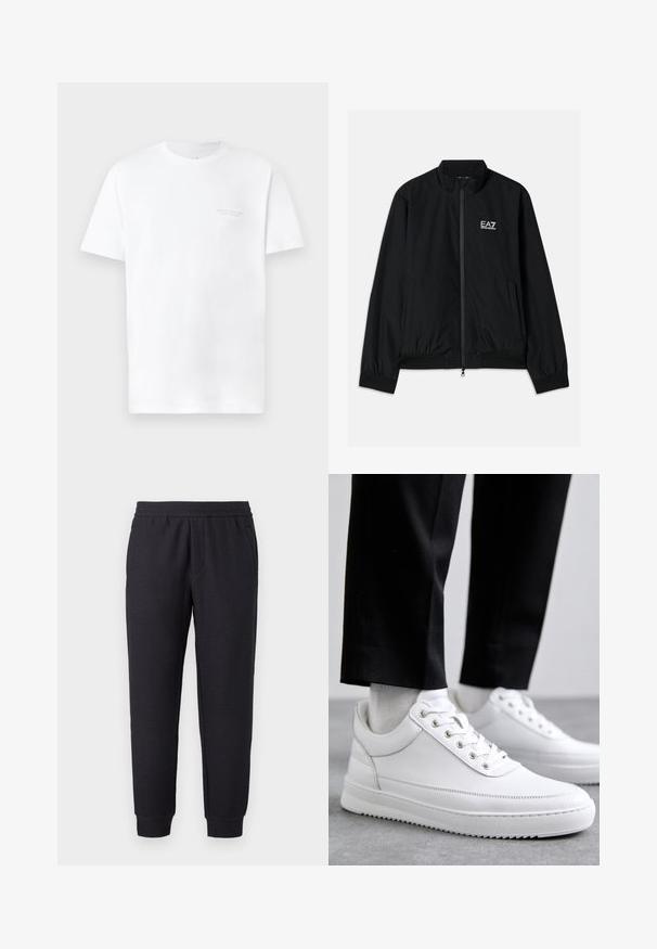 Chaqueta bomber negra con cuello alto, cremallera en la parte delantera, puños y dobladillo elásticos. Presenta el logo blanco de EA7 en el lado izquierdo del pecho y dos bolsillos laterales.; Camiseta de algodón blanca con mangas cortas, cuello redondo, con un sutil estampado de logo gris en la zona del pecho izquierdo y una textura suave.; Pantalones deportivos negros con corte cónico, cinturilla y puños elásticos, con un sutil patrón texturizado y bolsillos laterales.; Zapatillas de cuero blanco con una suela de goma plana, que presentan un acabado suave, punta redonda y ojetes de metal para los cordones. Llevadas con pantalones negros.