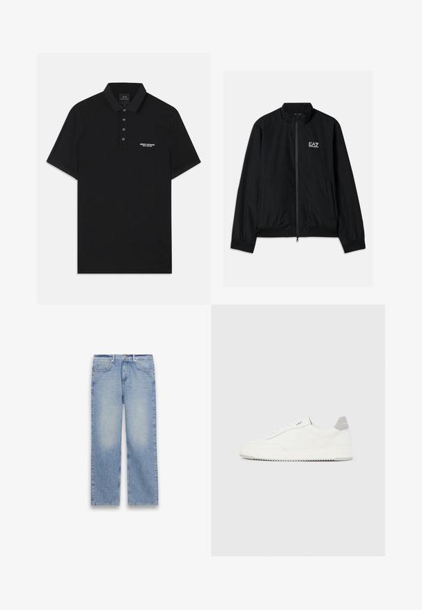 Μαύρο bomber jacket με ψηλό γιακά, φερμουάρ μπροστά, ελαστικούς καρπούς και στρίφωμα. Διαθέτει λευκό λογότυπο EA7 στο αριστερό στήθος και δύο πλαϊνές τσέπες.; Μαύρο πόλο μπλουζάκι από βαμβάκι, με κανονικό γιακά, τριών κουμπιών και μικρό λευκό λογότυπο "Armani Exchange" στο αριστερό μέρος.; Ανοιχτό μπλε τζιν παντελόνι με ίσια γραμμή, πέντε τσέπες, θηλιές για ζώνη και κλείσιμο με κουμπί και φερμουάρ.; Λευκό αθλητικό παπούτσι χαμηλού ύψους με γκρι ταμπ εφφέ στη φτέρνα, λευκά κορδόνια και υφή στη σόλα, απεικονιζόμενο σε απλό ανοιχτόχρωμο φόντο.