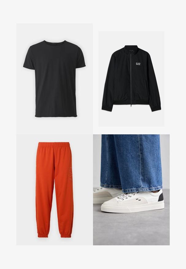 Zwarte bomberjack met een hoge kraag, rits aan de voorkant, elastische manchetten en een elastische zoom. Bevat een witte EA7-logo op de linkerkant van de borst en twee zijzakken.; Zwarte korte mouwen t-shirt gemaakt van zacht katoen, met een klassieke ronde halslijn en een gladde textuur, met een rechte snit.; Oranje sweatpants met een elastische tailleband en boorden. Beschikt over een bedrukte logo aan de zijkant. Gemaakt van een zachte, gestructureerde stof.; Witte en zwarte sneakers met een glad leren bovenwerk, textuuraccenten en een chunky witte zool. Heeft een klassiek vetersluiting ontwerp.