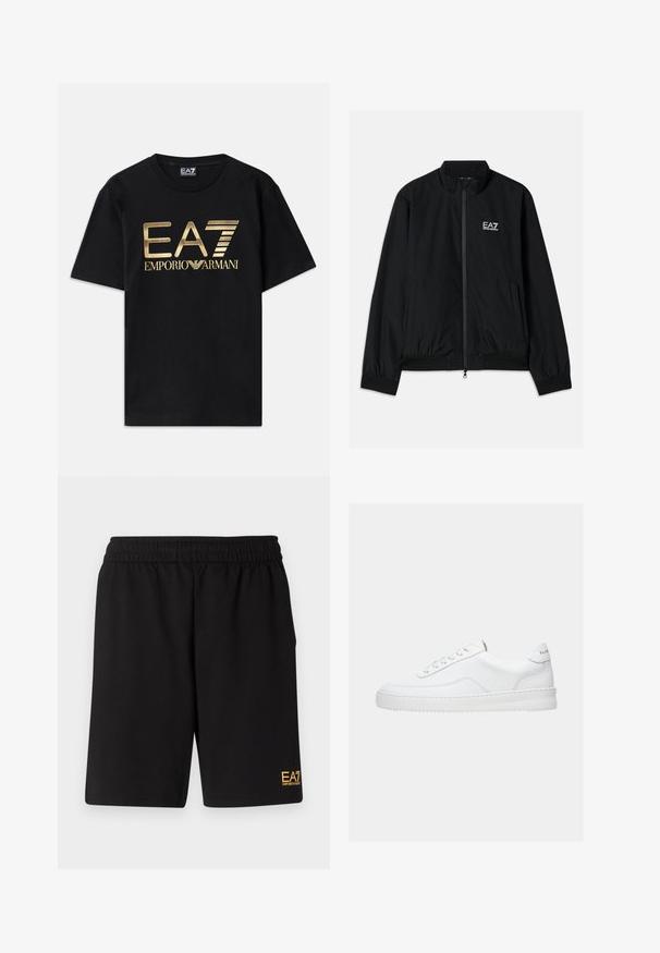 Schwarze Bomberjacke mit hohem Kragen, Reißverschluss vorne, elastischen Bündchen und Saum. Mit weißem EA7-Logo auf der linken Brust und zwei Seitentaschen.; Schwarzes Baumwoll-T-Shirt mit kurzen Ärmeln, auf dessen Vorderseite ein in Gold gedrucktes "EA7 EMPORIO ARMANI" Logo prangt. Schlichtes Design, Rundhalsausschnitt.; Schwarze Sportshorts aus weichem Material, mit einem elastischen Bund und einem kleinen gelben EA7-Logo am unteren linken Bein.; Weißer Sneaker mit niedrigem Schaft, Schnürdesign, glattem Lederobermaterial und dicker Sohle, von der Seite auf einfachem Hintergrund gezeigt.