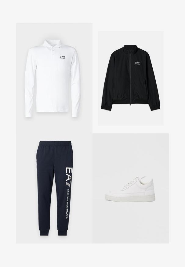 Veste bomber noire avec un col haut, fermeture éclair à l'avant, poignets et ourlet en élastique. Présente le logo EA7 blanc sur la poitrine gauche et deux poches latérales.; Polo à manches longues blanc en coton, avec un col classique, trois boutons et un logo EA7 noir sur la poitrine.; Jogging en coton bleu marine avec une taille élastique, des jambes fuselées et des logos EA7 et Emporio Armani en blanc contrastant imprimés sur le côté.; Baskets en cuir blanc avec un embout arrondi, une semelle plate et un laçage à l'avant. Présentent des détails de couture et un col rembourré pour plus de confort.