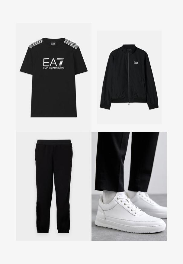 Zwarte bomberjack met een hoge kraag, rits aan de voorkant, elastische manchetten en een elastische zoom. Bevat een witte EA7-logo op de linkerkant van de borst en twee zijzakken.; Zwarte katoenen T-shirt met een wit EA7-logo en de tekst 'Emporio Armani'. Drie witte strepen op de schouders versterken het ontwerp.; Zwarte sportbroek gemaakt van zachte stof, met een elastische tailleband, getailleerde manchetten en zijzakken voor extra gemak.; Witte leren sneakers met een platte rubberen zool, met een soepele afwerking, ronde neus en metalen oogjes voor de veters. Draag ze met een zwarte broek.