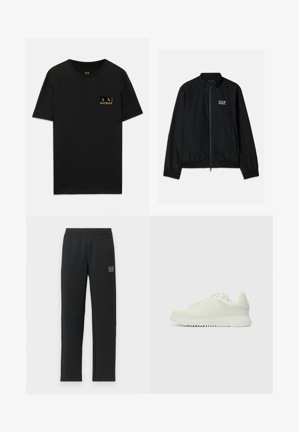 Zwarte bomberjack met een hoge kraag, rits aan de voorkant, elastische manchetten en een elastische zoom. Bevat een witte EA7-logo op de linkerkant van de borst en twee zijzakken.; Zwarte katoenen T-shirt met een ronde hals. Beschikt over een klein gouden logo op de linkerkant van de borst met de tekst "AX Armani Exchange". Klassieke pasvorm.; Zwarte sweatpants met rechte pijpen, voorzien van een elastische tailleband en een zwart patchlogo op de bovenste linker dij.; Witte leren sneaker met een textuur bovenkant, ronde neus, vlakke witte zool en tonale veters. Subtiele branding op de tong.