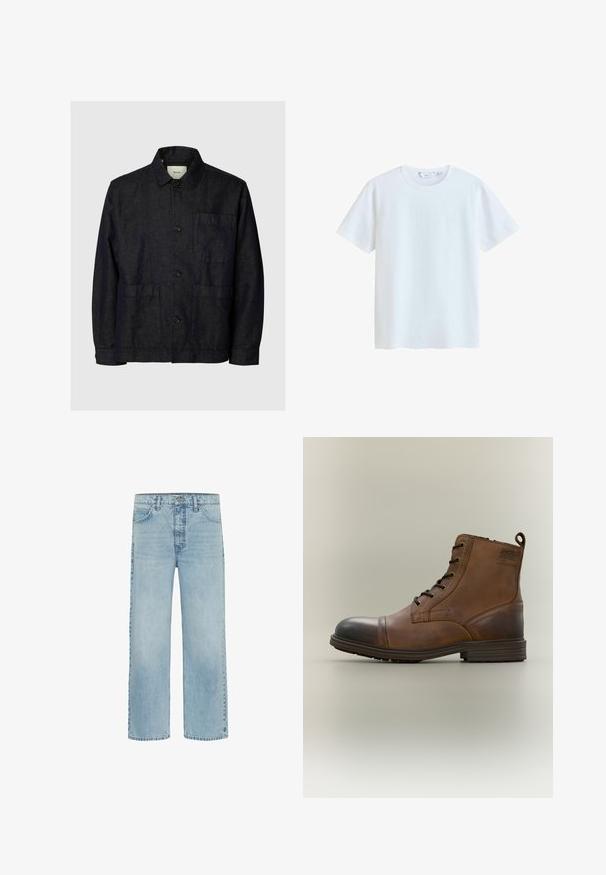 Donker marineblauw jack met knopen, lange mouwen, een borstzak en twee lagere zakken, gemaakt van gestructureerde stof.; Effen wit T-shirt met korte mouwen en ronde hals met een klein subtiel logo op het linkerborstgedeelte.; Lichtblauwe spijkerbroek met rechte pijpen, voorzakken en knoopsluiting, met subtiele vervaging en minimale slijtage.; Bruine leren enkellaars met veters, zwarte neuskap, ronde zool en merkdetail aan de zijkant tegen een effen achtergrond.
