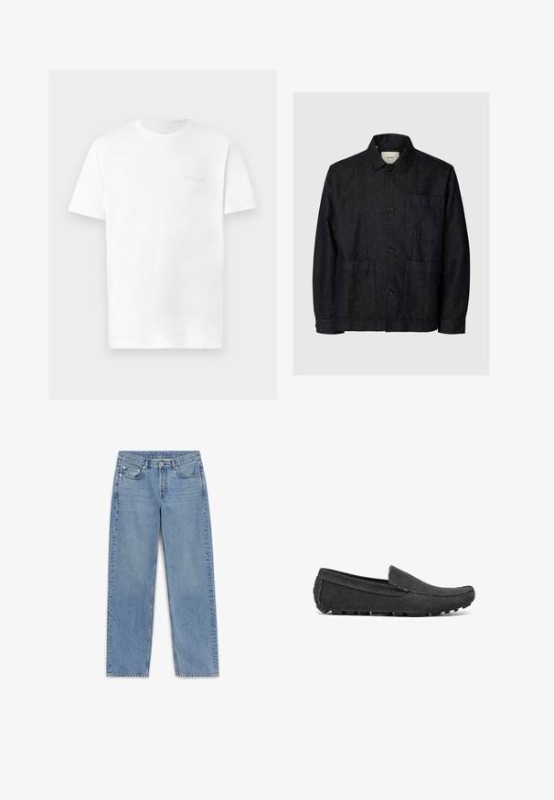 Chaqueta azul marino oscuro con botones, mangas largas, un bolsillo en el pecho y dos bolsillos inferiores, hecha de tela texturizada.; Camiseta de algodón blanca con mangas cortas, cuello redondo, con un sutil estampado de logo gris en la zona del pecho izquierdo y una textura suave.; Jeans de mezclilla azul claro con corte recto, cinco bolsillos y un ligero desvanecimiento. Presenta una cremallera de botones y detalles de costura a lo largo de las costuras.; Mocasín de ante gris con punta redondeada y diseño sin cordones. Presenta costuras texturizadas y suela de goma con pequeñas estrías.