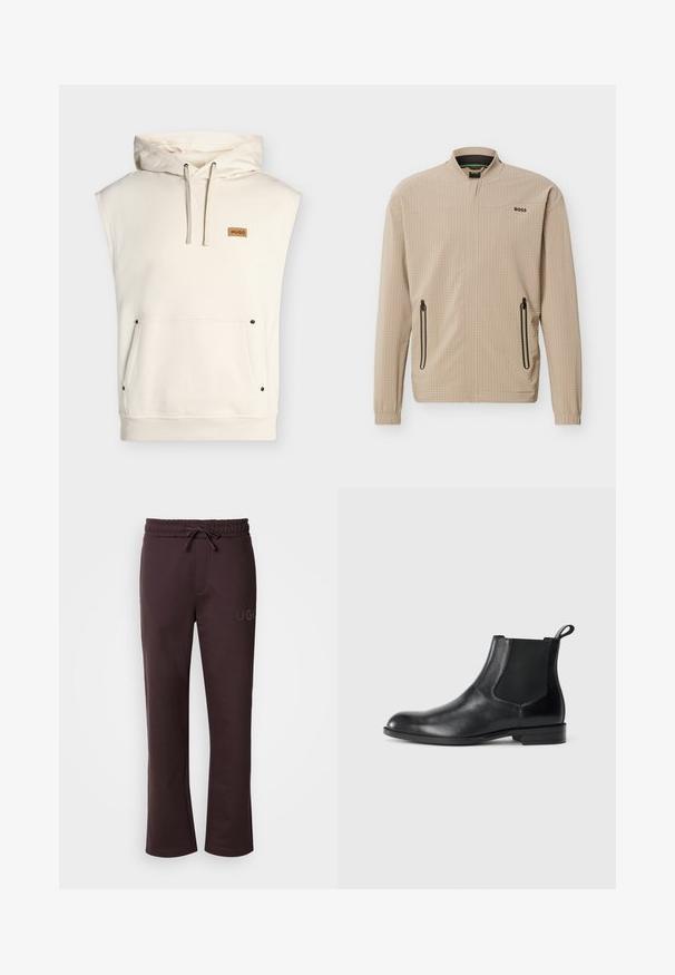 Veste légère beige avec fermeture éclair complète à l'avant, deux poches latérales zippées, col montant et logo "BOSS" sur la poitrine.; Sweat à capuche sans manches couleur crème avec poche kangourou à l'avant, capuche à cordon, ourlet côtelé et petit écusson marron marqué "HUGO" sur la poitrine.; Pantalon de survêtement marron foncé avec une taille élastique, un cordon de serrage, des poches latérales et le logo "HUGO" imprimé sur la jambe gauche. Texture douce.; Bottine en cuir noir avec des panneaux latéraux élastiques, bout rond et tirette. Texture lisse, semelle plate, design minimaliste.