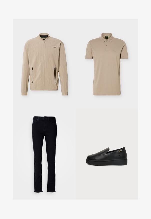 Beige lichtgewicht jack met volledige voorrits, twee ritszakken aan de zijkanten, opstaande kraag en "BOSS"-logo op de borst.; Beige korte mouw polo met twee knopen en een klein reliëflogo op de linkerborst.; Zwarte denim jeans met een slim fit, vijf-zakken ontwerp, zichtbare stiksels en een knoopsluiting. Gladde textuur zonder extra patronen.; Zwart leren instapschoenen met dikke zool en kleine ventilatiegaatjes aan de zijkant, met het gouden "HUGO"-logo nabij de hak.