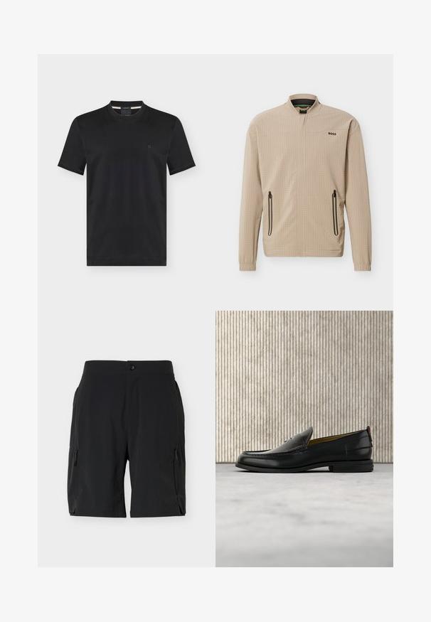 Veste légère beige avec fermeture éclair complète à l'avant, deux poches latérales zippées, col montant et logo "BOSS" sur la poitrine.; T-shirt noir à manches courtes et col rond avec petit logo brodé sur la poitrine gauche, présenté sur fond uni.; Shorts noirs mi-cuisses avec poches zippées latérales et fermeture par bouton à la taille, présentés sur un fond blanc uni.; Mocassin pour homme en cuir noir avec un dessus embossé effet croco et un petit talon, présenté de profil sur un fond neutre.