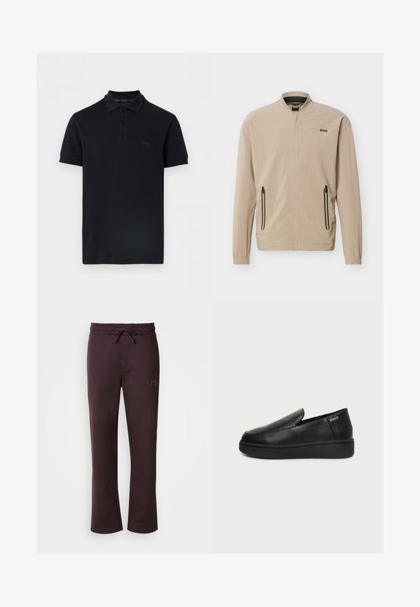 Veste légère beige avec fermeture éclair complète à l'avant, deux poches latérales zippées, col montant et logo "BOSS" sur la poitrine.; Polo noir à manches courtes avec deux boutons et "BOSS" brodé sur le côté gauche de la poitrine.; Pantalon de survêtement marron foncé avec une taille élastique, un cordon de serrage, des poches latérales et le logo "HUGO" imprimé sur la jambe gauche. Texture douce.; Chaussure noire en cuir à enfiler avec semelle épaisse et petits trous de ventilation latéraux, avec un logo doré "HUGO" près du talon.