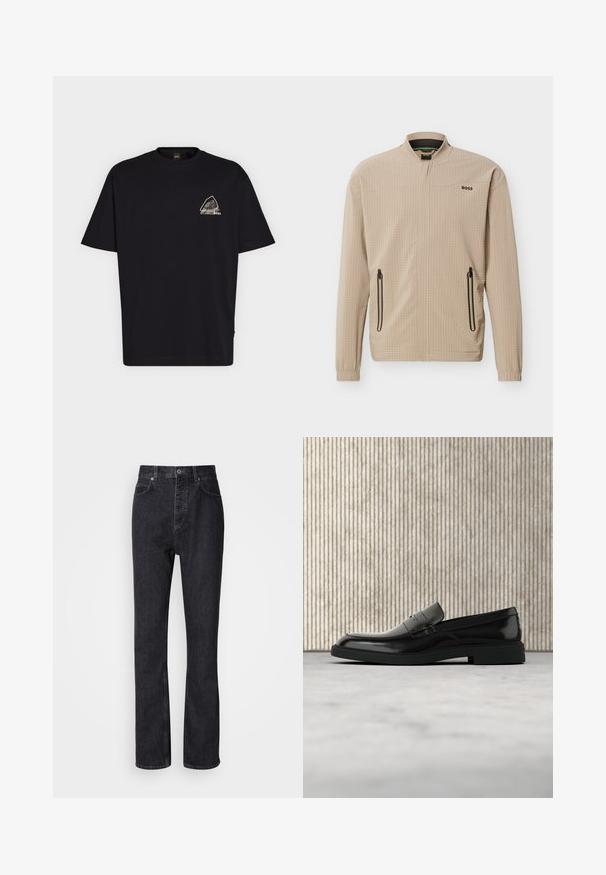 Veste légère beige avec fermeture éclair complète à l'avant, deux poches latérales zippées, col montant et logo "BOSS" sur la poitrine.; T-shirt noir à manches courtes avec un petit motif triangulaire blanc et gris et le texte "BOSS" sur la poitrine gauche.; Jean en denim noir taille haute avec fermeture à bouton et à glissière, poches avant et arrière, et coupe droite.; Mocassin en cuir noir poli flottant au-dessus d'un tapis beige avec un mobilier translucide orange en arrière-plan.