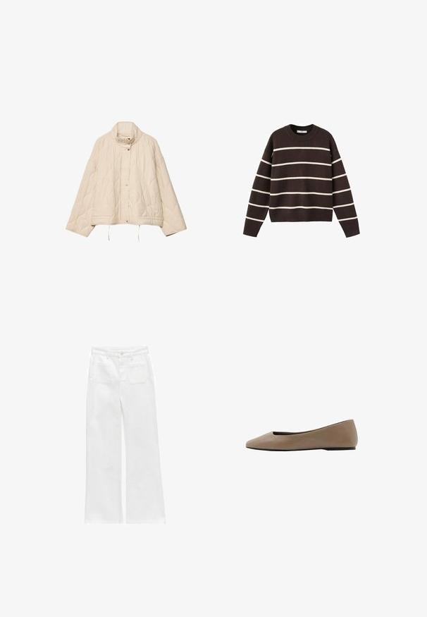 Beige quiltet jakke med ståkrave, trykknaplukning, to forlommer, lange ærmer og justerbare snoretræk i kanten.; Brun sweater med hvide vandrette striber, rund halsudskæring, lange ærmer og ribbede manchetter og kant, lavet af strikket stof.; Hvide vide bukser lavet af denim, med knaplukning, fem lommer og en ren finish uden synlige dekorationer.; Beige lædersko med flad sål, spids tå og sort sål, designet til afslappet eller kontorbrug.