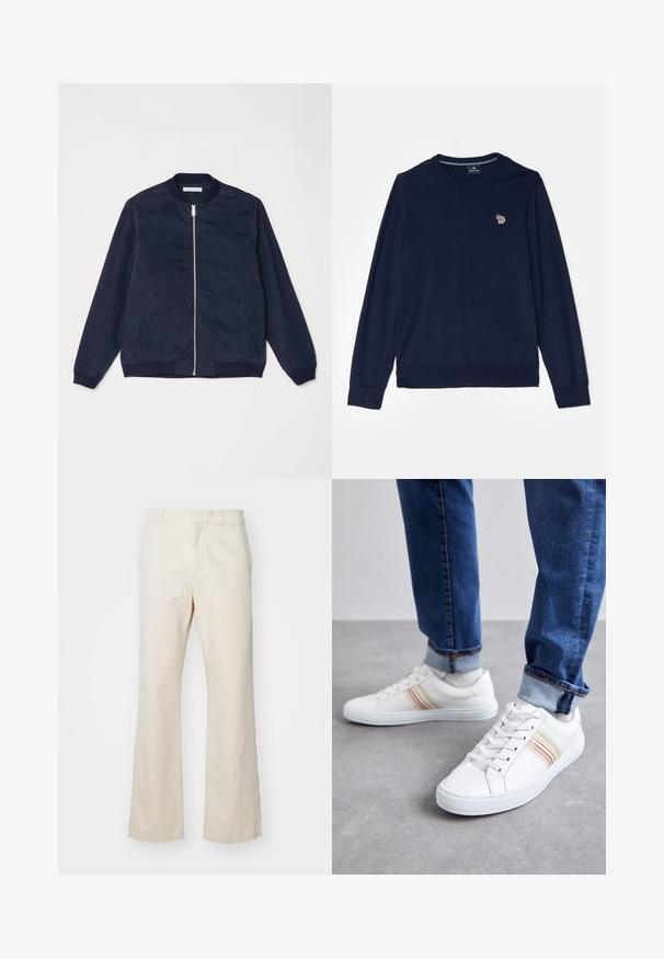 Marine bomberjack met een gladde stoffen afwerking, ribbels op de kraag en mouwen, ritssluiting aan de voorkant en zijzakken.; PS Paul Smith MEN SWEATER CREW NECK - Trui - dark blue; Beige katoenen broeken met een rechte pijp, voorzien van een ritssluiting en knoopsluiting aan de voorkant, een gladde textuur en een minimalistische stijl.; Witte leren sneakers met meerkleurige strepen, vetersluiting, rubberen zool en gevoerd kraagje, gecombineerd met blauwe spijkerbroek.