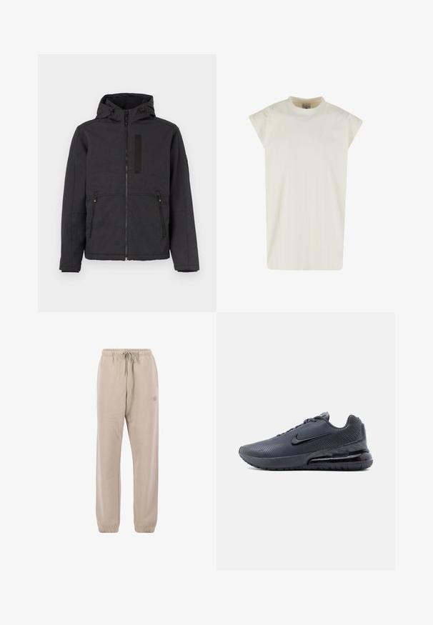 Sort hættejakke med lynlås, to sidelommer og en brystlomme. Har en glat overflade og kontrasterende designdetaljer.; Off-white ærmeløs kjole med rund hals og subtilt broderet logo centreret på brystet.; Beige joggingbukser lavet af blødt stof, med snøre i taljen, elastiske manchetter og et lille logo på siden.; Mørkegrå Nike Air Max-sneaker med sort swoosh, synlig luftdæmpet sål og tekstureret overdel, vist fra venstre side på hvid baggrund.