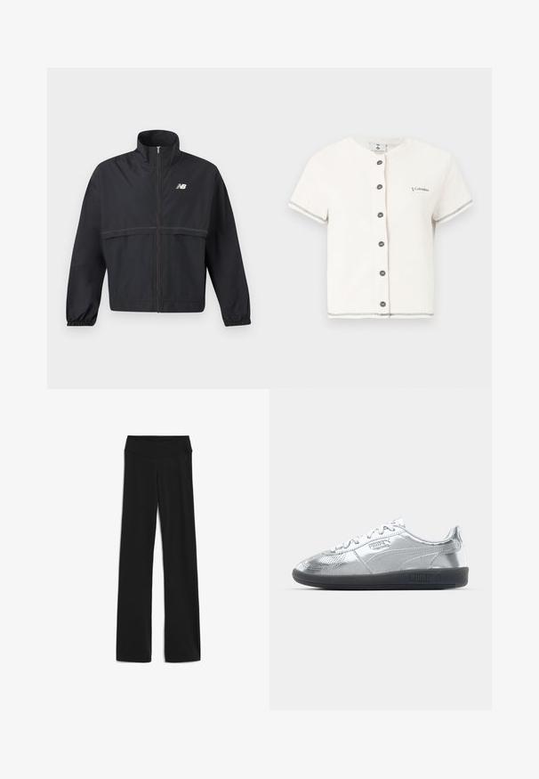 Schwarze leichte Zip-Jacke mit hohem Kragen, elastischen Bündchen, horizontaler Stepp-Optik und weißem New Balance-Logo auf der Brust.; Weißes, kurzärmeliges Rippenstrick-Cardigan mit Knöpfen vorne, rundem Ausschnitt, grauen Abschlüssen an Ärmeln und Saum sowie kleinem Columbia-Logo auf der Brust.; Schwarze, figurbetonte Yogahosen mit einem breiten Bund, aus dehnbarem Stoff, mit geradem Bein Schnitt und ohne nennenswerte Muster oder Akzente.; Silberne Sneaker mit einer glatten, reflektierenden Oberseite, ausgestattet mit schwarzen Gummisohlen und klassischem Schnürdesign. Puma-Logo an der Seite.