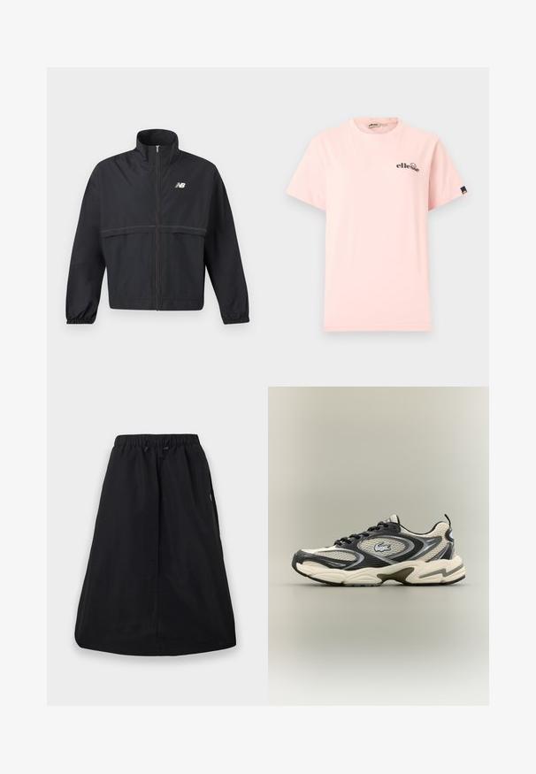 Zwarte lichte jas met rits, hoge kraag, elastische manchetten, horizontale stikseldetails en wit New Balance-logo op de borst.; Lichtroze T-shirt met korte mouwen en ronde hals, met een klein zwart "ellesse"-logo op de linkerborst en een zwart label met logo op de linkermouw.; Zwarte A-lijn rok met elastische tailleband en verstelbare trekkoord, knielengte, effen ontwerp met zijzakken.; Zwarte en beige mesh sneakers hebben een gewatteerde kraag, een gestructureerd bovenwerk en een opvallend logo aan de zijkant. Slanke vormgeving met een gebogen zool.