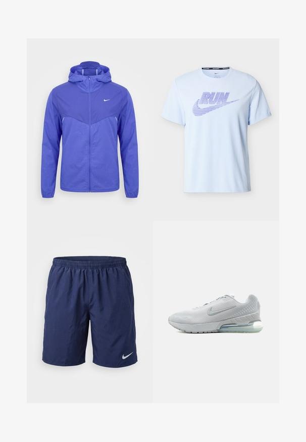 Veste coupe-vent Nike violet clair avec capuche, fermeture éclair intégrale à l'avant et manches longues sur fond blanc uni.; T-shirt de running Nike bleu clair à manches courtes avec texte "RUN" violet et logo swoosh sur la poitrine, col rond.; Short de sport bleu marine avec ceinture élastique et logo Nike blanc sur la jambe gauche.; Chaussure de course Nike gris clair avec tige en mesh, coussin d'air visible dans la semelle et logo Nike swoosh argenté sur le côté.