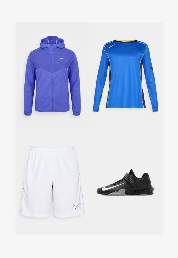 Lichtpaarse Nike windbreaker jas met capuchon, volledige ritssluiting aan de voorkant en lange mouwen op een effen witte achtergrond.; Langsleeve sportshirt in levendig blauw, met gele accenten en een mesh structuur aan de zijkanten. Nike-logo weergegeven op de borst.; Witte sportshorts gemaakt van vochtregulerende stof, met een elastische tailleband en een zwart Nike-logo aan de linkerkant.; Zwarte sportchoenen met een slank ontwerp, voorzien van een opvallend wit Nike-logo, textuur overlays en een onderscheidende gemodelleerde zool.
