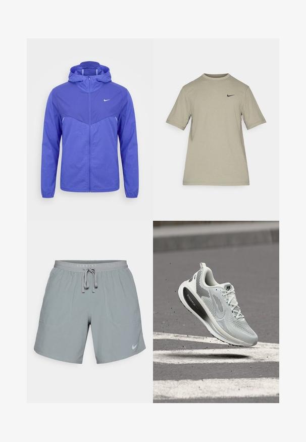 Ανοιχτό μωβ αδιάβροχο μπουφάν Nike με κουκούλα, πλήρες φερμουάρ μπροστά και μακριά μανίκια σε απλό λευκό φόντο.; Ανοιχτό γκρι κοντομάνικο T-shirt της Nike με στρογγυλή λαιμόκοψη και μικρό μαύρο λογότυπο Nike swoosh στο αριστερό στήθος.; Γκρι σορτς για τρέξιμο με ελαστική μέση με κορδόνι, δύο μπροστινές τσέπες και ανακλαστικό λογότυπο Nike στο κάτω δεξιό μέρος.; Αθλητικό παπούτσι ανοιχτό γκρι με μαύρη σόλα "ZoomX", λευκά κορδόνια και ετικέτα "RUN", εμφανιζόμενο στον αέρα πάνω από άσφαλτο με λευκές ρίγες.