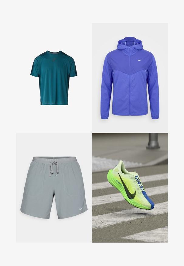 Vaaleanliila Nike-tuulitakki hupulla, täysipitkällä vetoketjulla edessä ja pitkillä hihoilla yksivärisellä valkoisella taustalla.; Lyhythihainen urheilu-paita teal-värissä, jossa on teksturoitu pintakuvio, mustat sivupaneelit ja pyöreä kaula-aukko, jota korostaa punainen reunus.; Harmaat juoksushortsit, joissa on kiristysnyöri vyötäröllä, kaksi etutaskua ja heijastava Nike-logo oikean alakulman puolella.; Neonin vihreä ja sininen juoksukenkä mustalla swoosh-logolla ilmassa suojatien yläpuolella asfaltilla.