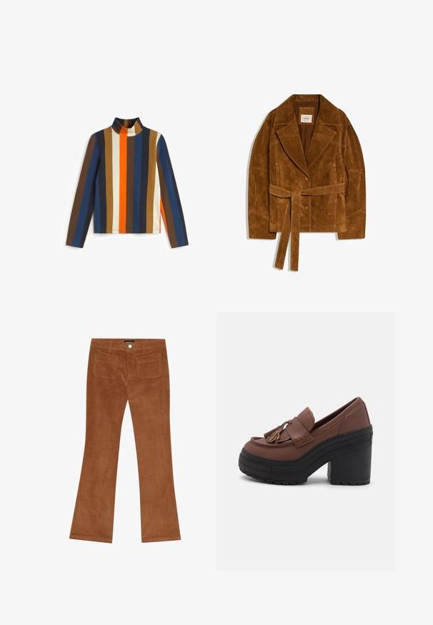 Veste en daim marron avec larges revers, fermeture à boutons et ceinture assortie nouée à la taille, présentée à plat sur un fond blanc.; Haut à col roulé à manches longues avec de larges rayures verticales marron, bleu marine, crème, orange et bleu, doté d'une coupe ajustée et d'un col côtelé.; Pantalons en velours côtelé marron évasés avec une texture côtelée, fermeture à bouton à l'avant et deux poches arrière.; Mocassins en cuir marron avec un bout arrondi, des accents à pampilles, des détails cousus, et un épais talon en caoutchouc noir avec une semelle texturée.