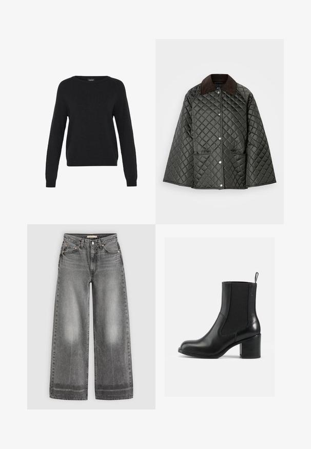Veste matelassée vert foncé avec un col en velours côtelé marron, des boutons-pression et deux poches avant. Présente un motif en losanges texturé.; Pull en tricot noir à manches longues, col rond et ourlet côtelé. Texture douce et design minimal avec aucune motif ni accent visible.; Jean en denim gris taille haute, à jambes larges, avec un bouton à l'avant, des passants de ceinture et des détails délavés sur les cuisses et les ourlets.; Botte noire en cuir à chevilles avec panneaux latéraux en élastique, bout rond et talon bloc. Texture lisse avec peu de détails de couture.
