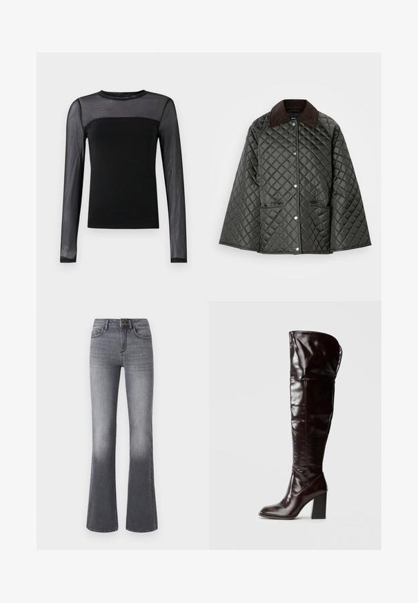 Veste matelassée vert foncé avec un col en velours côtelé marron, des boutons-pression et deux poches avant. Présente un motif en losanges texturé.; Haut noir à manches longues avec un corps uni et des manches en maille transparente, avec un col rond et une coupe ajustée.; Jean flare taille haute en denim gris foncé, avec poches frontales, fermeture à bouton et légère décoloration vers l'ourlet.; Bottes en cuir bordeaux glacé montant jusqu'au genou, avec un bout carré et un talon bloc, présentant un design ample et des détails de couture minimalistes.