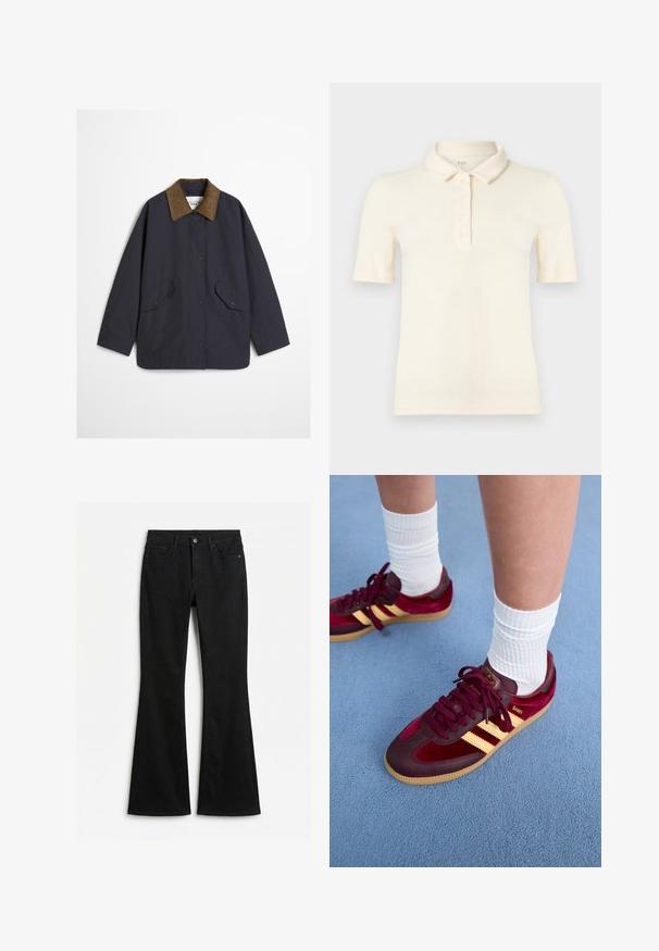 Marineblauwe jas van waterbestendig materiaal. Voorzien van een bruine suède kraag, drukkers en twee voorkanten met schuine kleppen.; Korte mouwen ribgebreid crèmekleurig poloshirt met een kraag en een vierknopenbies aan de voorkant, plat gelegd op een effen achtergrond.; Zwarte high-waist flare jeans met voorste knoopsluiting en ritssluiting, riemlussen en een ontwerp met vijf zakken op een witte achtergrond.; Bordeaux suède en leren sneakers met gele strepen en een gumzool. Witte geribbelde sokken zichtbaar boven de enkel, neergezet op een blauwe gestructureerde ondergrond.