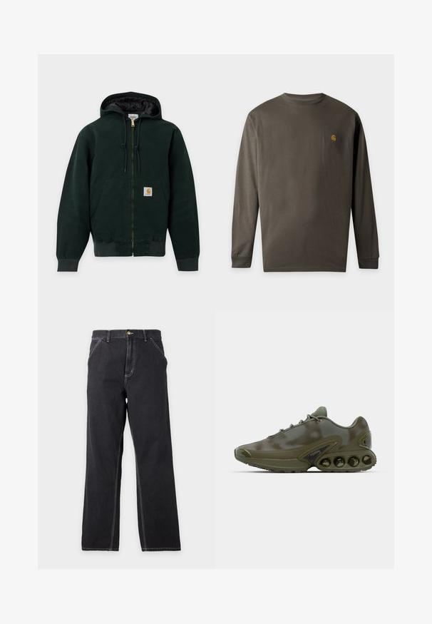 Dunkelgrüne Kapuzenjacke mit Reißverschluss, Kordelzügen, Vordertaschen, gerippten Bündchen und einem kleinen Logo-Patch auf der Tasche.; Dunkelgrünes langärmliges Rundhals-Shirt mit kleinem gelben Logo auf der linken Brust auf einem einfarbigen hellgrauen Hintergrund.; Schwarze Jeans mit geradem Bein, Vordertaschen, Gürtelschlaufen und sichtbaren weißen Nähten auf einfachem hellgrauem Hintergrund.; Dunkelgrüner Sportschuh mit einer strukturierten Oberseite, Schnürverschluss und einer auffälligen Sohle, die sechs sichtbare Luftpolsterungseinheiten aufweist.