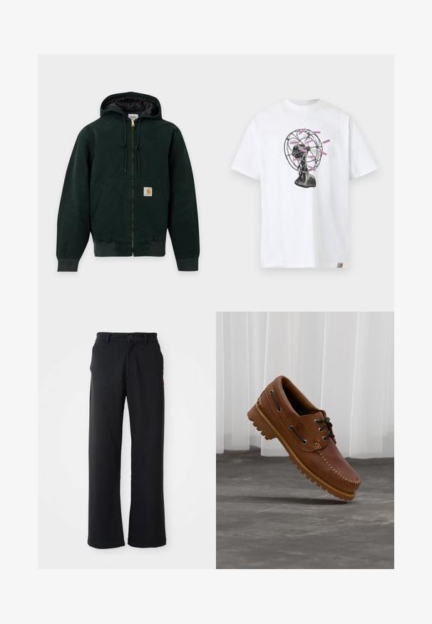Veste à capuche zippée vert foncé avec cordons, poches avant, poignets côtelés et petit patch logo sur la poche.; T-shirt blanc avec un graphisme vintage de ventilateur noir présentant plusieurs étiquettes roses portant la mention « CARHARTT WIP » attachées aux pales du ventilateur.; Pantalon noir à jambe droite avec fermeture à bouton et zip, passants de ceinture et poches latérales, exposé sur un fond blanc.; Chaussure de bateau en cuir marron avec des lacets noirs, des coutures beiges et une semelle robuste, suspendue au-dessus d'un sol en béton gris.