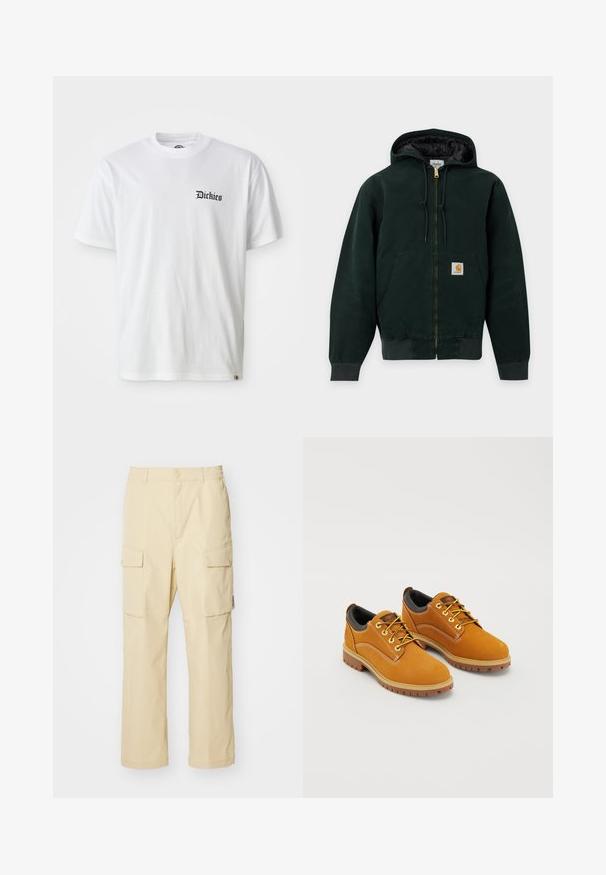 Mørkegrøn hættejakke med lynlås, snore, forlommer, ribnisser og et lille logopatch på lommen.; Hvid bomulds T-shirt med korte ærmer og rund hals. Har en sort "Dickies" logo trykt på venstre bryst.; Beige cargo bukser lavet af stof med elastisk talje og knaplukning. Har to sidelommer og et enkelt design.; Brune ruskindssko med rund tå, gule snørebånd, en polstret sort krave og gummisåler med skridsikre riller.