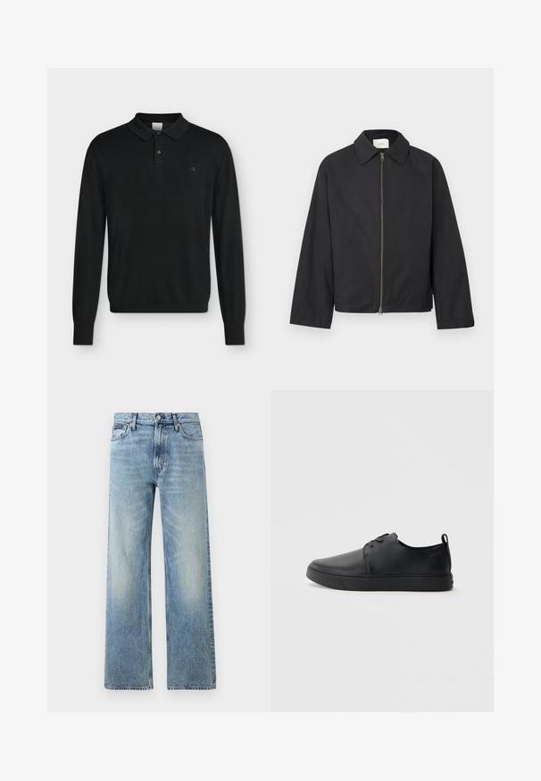 Veste noire à fermeture éclair, manches longues et col pointu, présentée à plat sur un fond blanc.; Polo noir à manches longues avec col boutonné et petit logo discret "cK" sur la poitrine gauche.; Jean droit en denim bleu clair avec taille haute, cinq poches, fermeture à boutons et léger délavage sur les cuisses et les genoux.; Baskets en cuir noir avec une finition lisse, bout arrondi, coutures ton sur ton, devant à lacets et semelle plate en caoutchouc. Anse au talon.