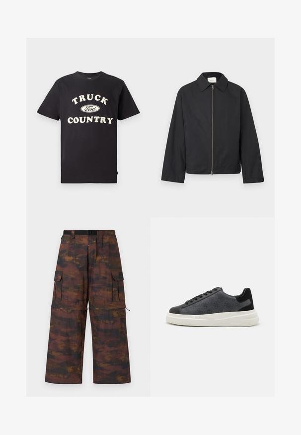 Schwarze Jacke mit Reißverschluss, langen Ärmeln und spitzem Kragen, flach auf weißem Hintergrund präsentiert.; Schwarzes Baumwoll-T-Shirt mit kurzen Ärmeln, das "TRUCK COUNTRY" in cremigem Text und einem Ford-Logo-Design auf der Vorderseite zeigt.; Cargo-Hosen aus einem braunen, strukturierten Stoff mit einem verblassten, abstrakten Muster. Sie verfügen über weite Beine, einen elastischen Bund und mehrere Taschen.; Schwarze Sneaker mit oberem Teil aus strukturiertem grauem Stoff, schwarzem Lederzehenkappe und weißer, klobiger Sohle. Verfügt über Logo-Akzente und Schnürdesign.