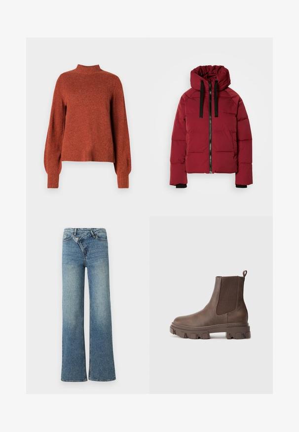 Rød dunjakke med hætte, med lynlås foran, sorte snore og ribstrikkede sorte manchetter. Quiltede detaljer over det hele.; Rustfarvet langærmet strikket sweater med ribbet høj hals, manchetter og kant, vist mod en ensfarvet hvid baggrund.; Lyseblå denim jeans med vide ben og høj talje, let falmet effekt og knaplukning foran. Har fem lommer og minimal syning.; Brun ankelstøvle lavet af tekstureret materiale med elastiske sidepaneler, trækstrop og en chunky sål med mønster for forbedret greb.