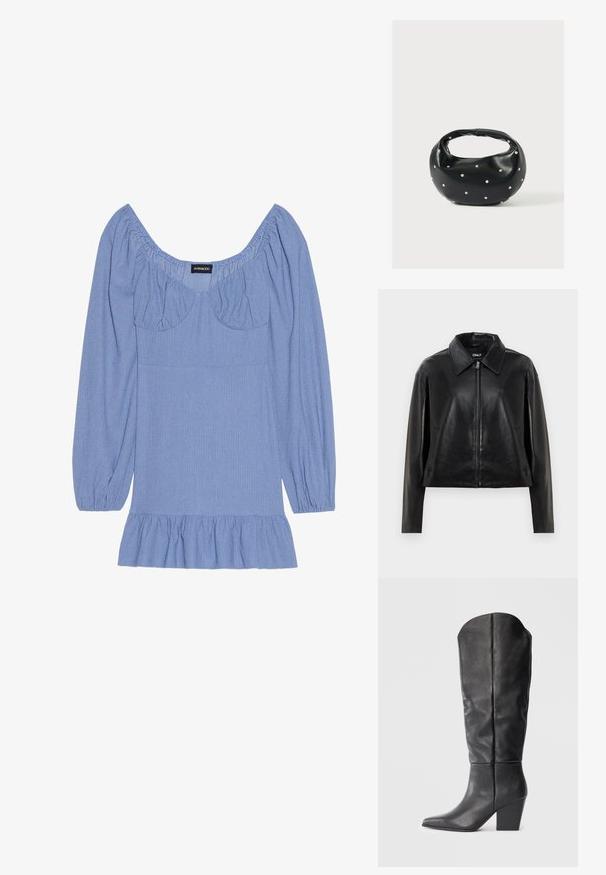 Veste en simili cuir noir avec fermeture éclair sur le devant, col pointu et poches latérales, présentée sur fond blanc.; Blouse bleue texturée avec de longues manches bouffantes, un large décolleté et un ourlet froncé. Présente des accents froncés au niveau des épaules et de la poitrine.; Bottes noires en cuir, montant jusqu'au genou, avec un bout pointu et un talon épais. Le design présente une texture lisse et des lignes minimalistes.; Sac à main en cuir noir de forme arrondie, décoré de clous argentés et équipé d'une poignée courte. Texture lisse et fermeture éclair.