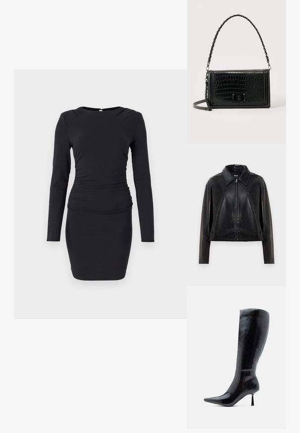 Veste en simili cuir noir avec fermeture éclair sur le devant, col pointu et poches latérales, présentée sur fond blanc.; Robe noire à manches longues en tissu extensible, présentant une silhouette ajustée, un ruché sur le côté et une petite fermeture à ouverture en forme de clé au dos.; Bottes noires à talons aiguilles montantes, avec une finition en cuir brillant, un bout pointu et un talon effilé, présentant une surface lisse et un design élégant.; Sac bandoulière en cuir noir à texture crocodile, de forme rectangulaire, avec une bandoulière ornée de chaînes et une fermeture à tourniquet à l'avant.
