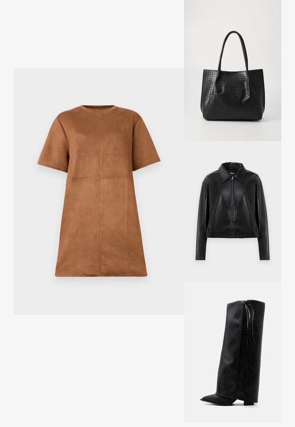 Schwarze Kunstlederjacke mit vollem Vorderreißverschluss, spitzem Kragen und seitlichen Taschen, vor einem weißen Hintergrund präsentiert.; Braunes Wildleder-Kleid mit kurzen Ärmeln und Rundhalsausschnitt, mit vertikalen und horizontalen Nahtdetails auf der Vorderseite.; Schwarzer kniehoher Lederstiefel mit spitzer Zehe und dekorativem Fransen entlang der Außenseite vor einem einfarbigen weißen Hintergrund.; Schwarze geflochtene Ledertasche mit zwei Griffen, strukturierte Form und subtiler glänzender Oberfläche vor einem schlichten hellen Hintergrund.