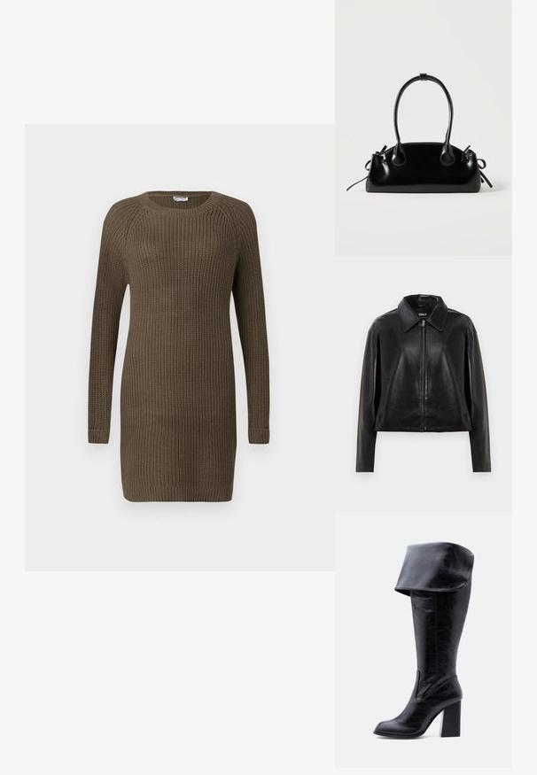 Veste en simili cuir noir avec fermeture éclair sur le devant, col pointu et poches latérales, présentée sur fond blanc.; Robe en tricot de couleur vert olive foncé, avec des manches longues, un col rond, un tissu texturé et des poignets et un ourlet côtelés.; Botte haute en cuir noir avec talon, bord plié et bout arrondi, debout sur un fond blanc.; Petit sac à main noir brillant avec deux longues anses et des détails à cordon sur les côtés sur un fond clair uni.