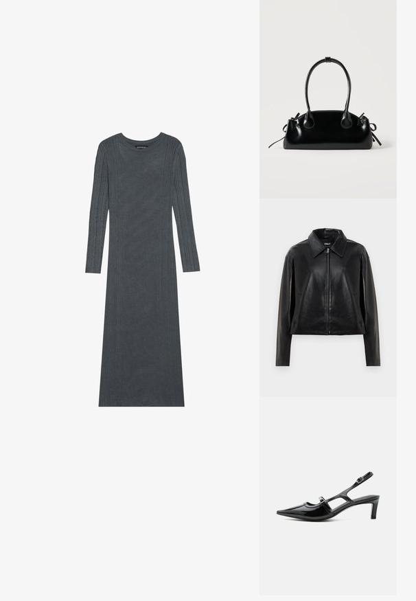 Veste en simili cuir noir avec fermeture éclair sur le devant, col pointu et poches latérales, présentée sur fond blanc.; Robe à manches longues, gris foncé, en matériau tricoté doux. Présente des rayures verticales texturées le long des manches et du corps. Encolure ronde.; Chaussure slingback en cuir verni noir à bout pointu, petit talon et deux brides réglables avec boucles, vue de profil latéral.; Petit sac à main noir brillant avec deux longues anses et des détails à cordon sur les côtés sur un fond clair uni.