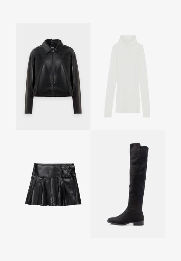 Veste en simili cuir noir avec fermeture éclair sur le devant, col pointu et poches latérales, présentée sur fond blanc.; Pull à col roulé blanc côtelé avec des manches longues, texture douce, et un col roulé haut, doté d'une coupe ajustée et sans fermetures visibles.; Jupe en cuir noir avec des plis, taille large et deux accents à boucle sur le côté. Texture lisse avec une finition brillante.; Bottes noires en suède haute jusqu'au genou avec une texture lisse, un bout arrondi et un petit talon carré ; design minimaliste sans quincaillerie visible.