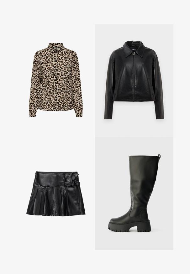 Veste en simili cuir noir avec fermeture éclair sur le devant, col pointu et poches latérales, présentée sur fond blanc.; JDY JDYBROOKE LS NOOS - Chemisier - pumice stone; Jupe en cuir noir avec des plis, taille large et deux accents à boucle sur le côté. Texture lisse avec une finition brillante.; Bottes en caoutchouc noires, montantes jusqu'aux genoux, avec une semelle à grosse adhérence, texture lisse et une languette à l'arrière pour un enfilage facile. Design à bout rond.