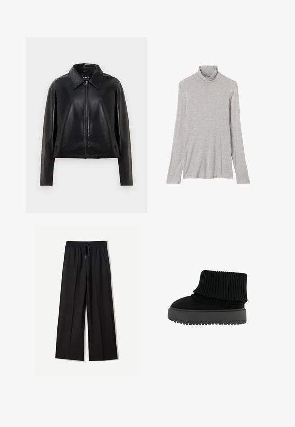 Schwarze Kunstlederjacke mit vollem Vorderreißverschluss, spitzem Kragen und seitlichen Taschen, vor einem weißen Hintergrund präsentiert.; Hellgraues Langarmshirt mit Rollkragen, schmaler Passform und weicher Stoffstruktur, flach auf weißem Hintergrund gezeigt.; Schwarze weite Hosen aus weichem Stoff. Mit einem elastischen Bund mit Kordelzug und zwei seitlichen Taschen. Flacher Vorderteil mit Falten.; Schwarze Knöchelstiefel mit einem gerippten Strickkragen und einer flachen, strukturierten Sohle. Hergestellt aus einer Kombination aus Wildleder und elastischen Materialien.